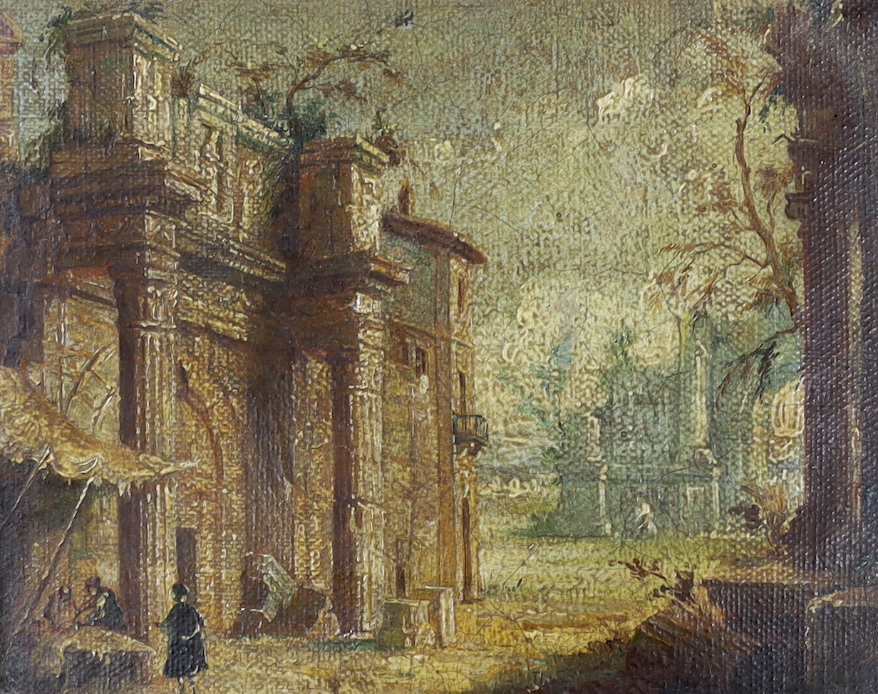 19th century, oil on canvas, ‘The Colonnacce Ruins in the forum of Nerva, Rome’, 15 x 19cm, housed in an ebonised and gilt frame